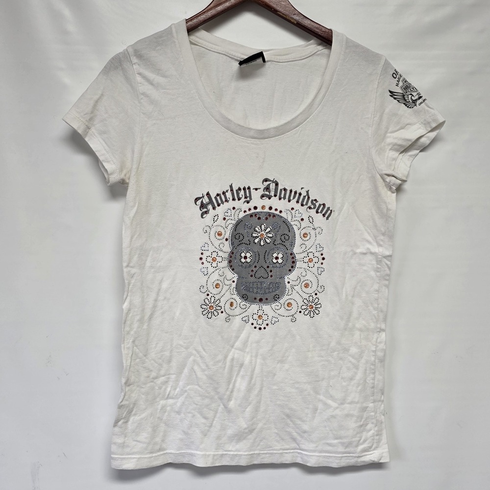 Harley Davidson Shirt Womens L Black Skull Angel Wings Tribal Logo Bikercore Tee
